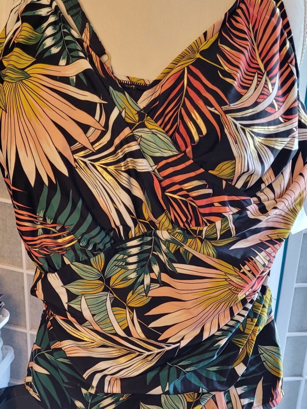 Maxine Tropical Palm Leaf Print One Piece Gold & Black Swimsuit, Sz 12, NWT